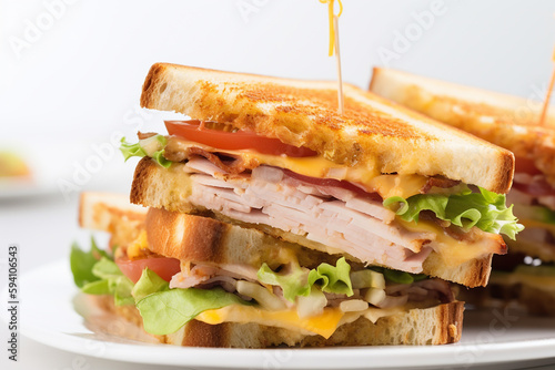 Club sandwich on the white plate on white background, closeup. Generative AI