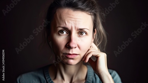 Concerned, worried, scared mature woman looking at the camera. Generative AI