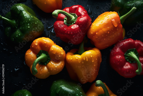 Fresh Bell pappers seamless background, adorned with glistening droplets of water. Healthy food concept. Generative Ai
