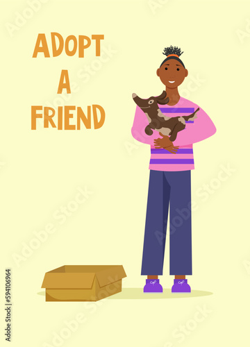 Black girl with a puppy in her arms. People and animals. Vector illustration. Adopt a pet from a shelter. For flyers, covers, advertising, posters, veterinary clinics and shops, volunteer shelters.