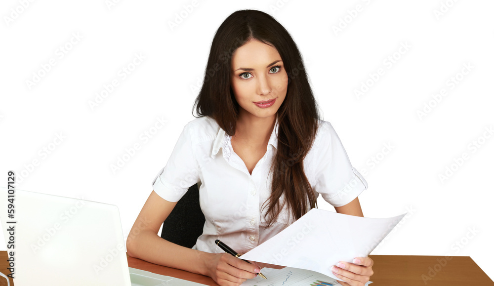 Female Secretary Writing and Analyze Statistics - Isolted Female Secretary Writing and Analyze Statistics - Isolted