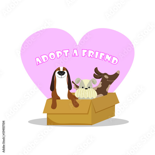 Puppies in a cardboard box. Adopt a pet from a shelter. Vector illustration with animals. For flyers, covers, advertisements, posters, veterinary clinics and shops, for volunteer shelters.