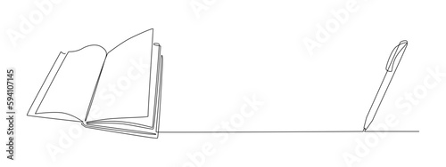 Opened book and pen in one continuous line drawing. Education concept and back to school theme in simple linear style. Editable stroke. Doodle vector illustration