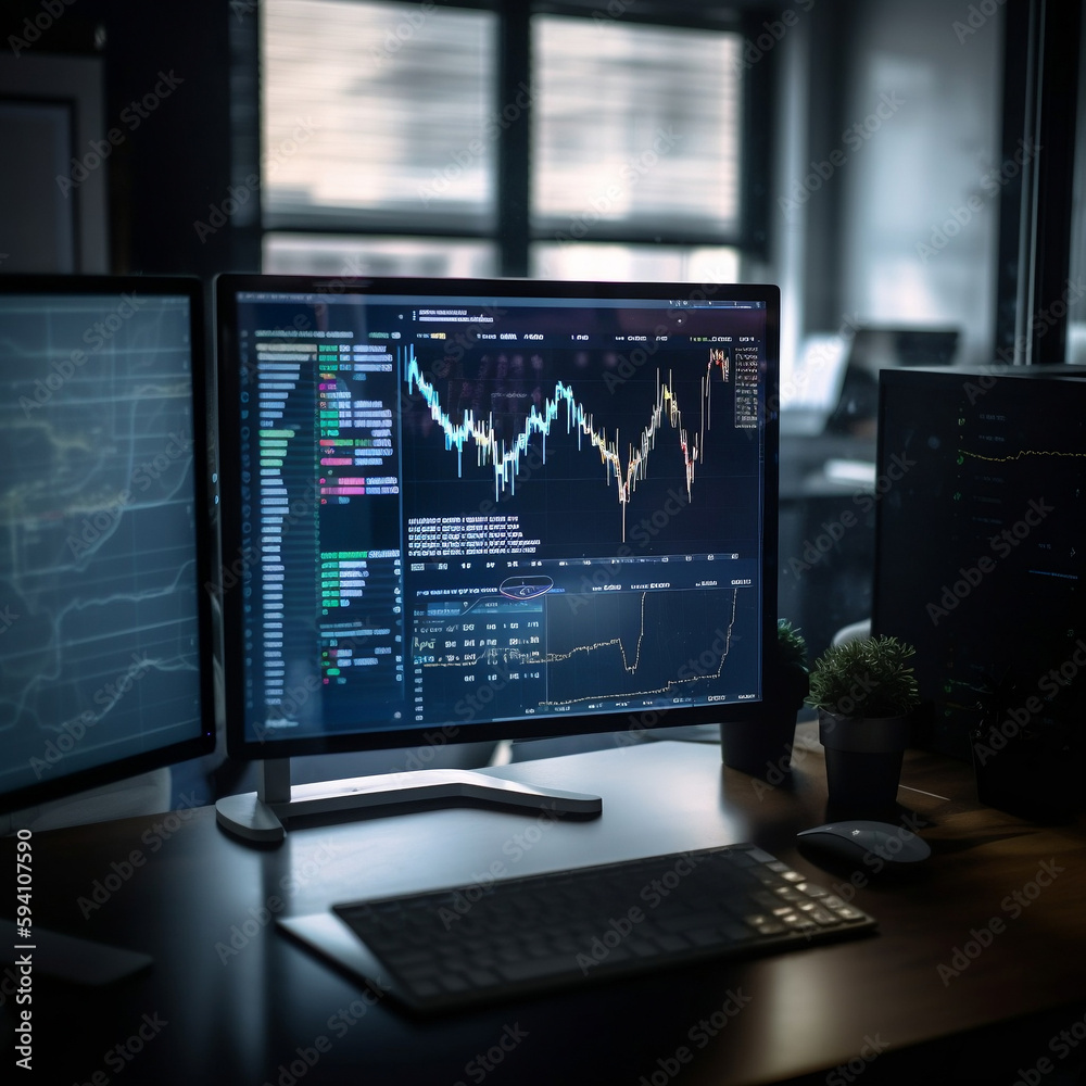 A computer screen and there is a stock market /bitcoin chart on the computer's screen A computer screen and there is a stock market /bitcoin chart on the computer's screen