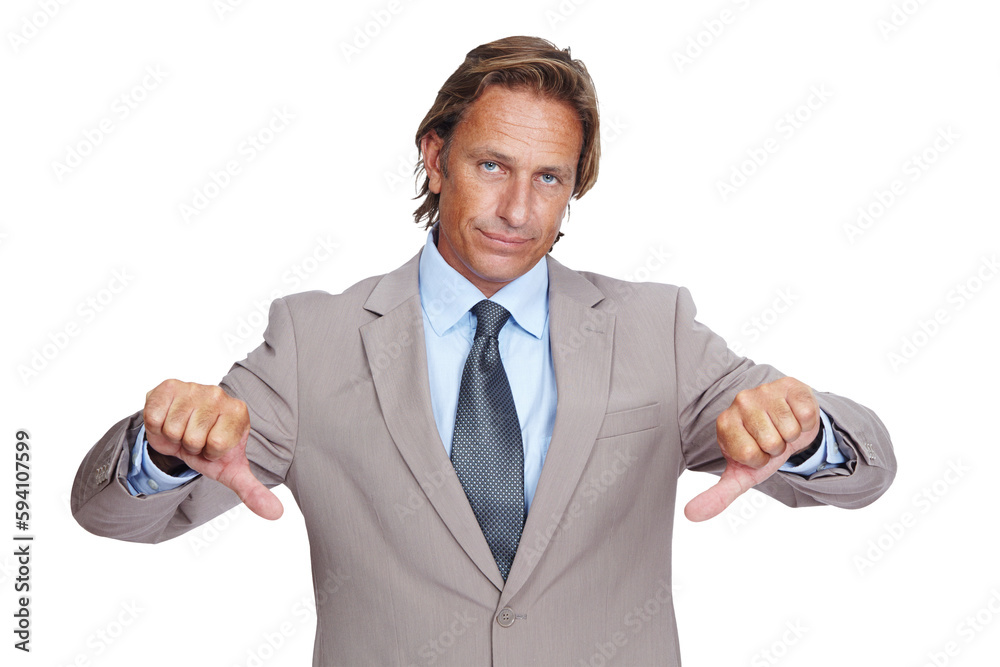 Portrait, sad and business man with thumbs down isolated on a transparent png background. Fail, hand gesture and mature person with dislike emoji for wrong, negative opinion or no, vote or rejection. Portrait, sad and business man with thumbs down isolated on a transparent png background. Fail, hand gesture and mature person with dislike emoji for wrong, negative opinion or no, vote or rejection.