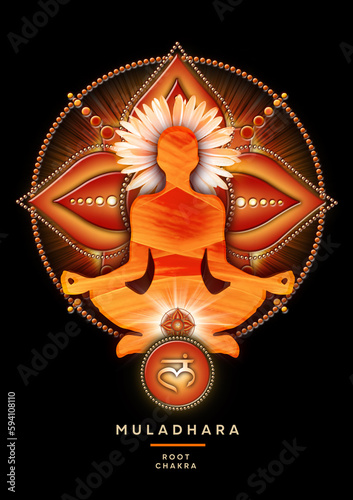 Root chakra meditation in yoga lotus pose, in front of muladhara chakra symbol. Peaceful decor for meditation and chakra energy healing. photo