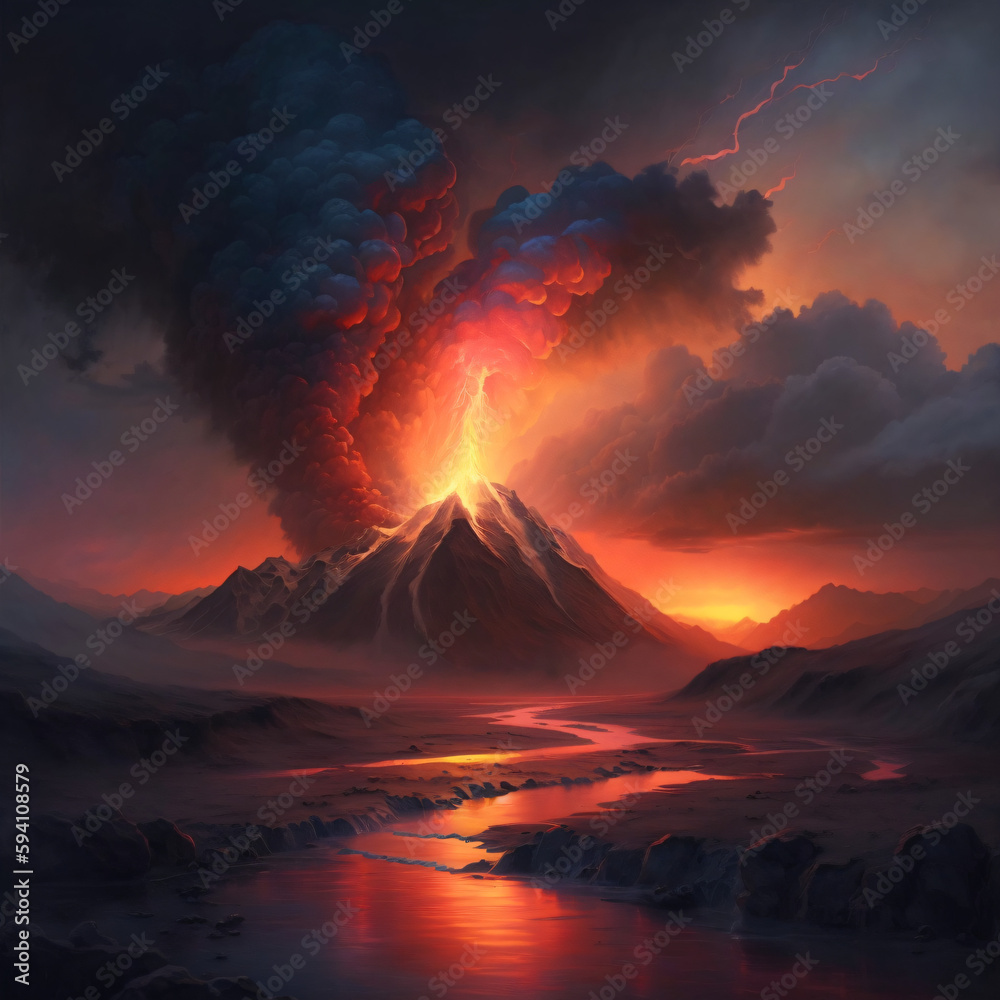 a volcano making eruption fantasy landscape Generative Ai