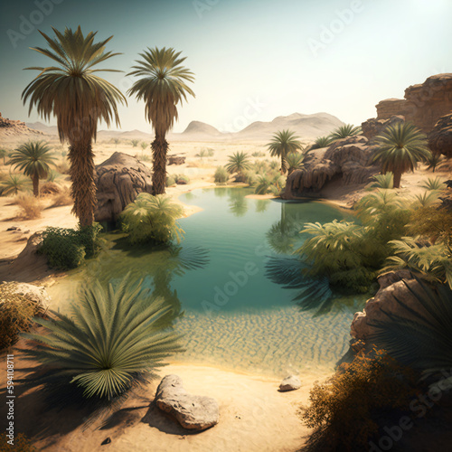 desert oasis full of palms and water Generative Ai