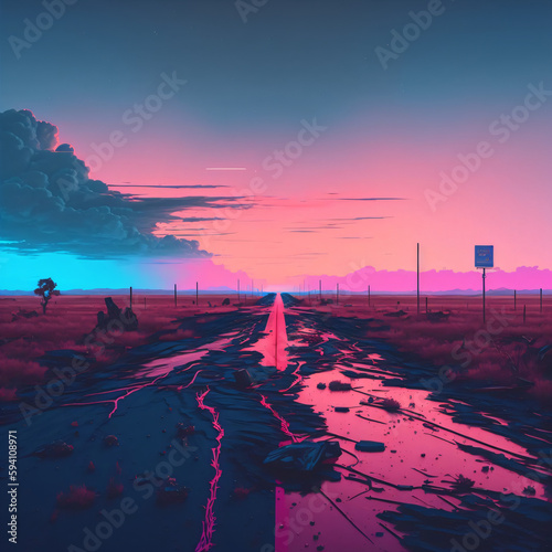 pink and blue neon lights on a country road. neo-noir pink and blue country road. cyberpunk style country road, with pink and blue gradient neon lights. Generative Ai 