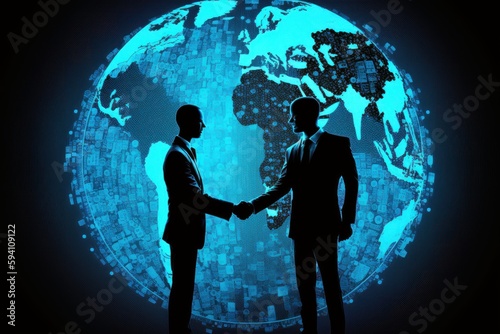 Two businessmen shake hands with a digital technology background  suggesting involvement in the tech industry. Collaborative teamwork in a modern and innovative technological environment IA generative