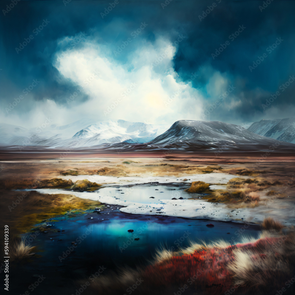 Naklejka premium frozen crystalline lake surrounded by snowy mountains Generative Ai