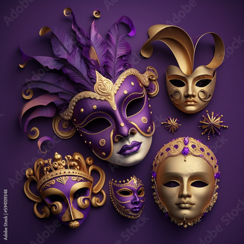 Festive Grouping of mardi gras, venetian or carnivale mask illsutration on a purple background.