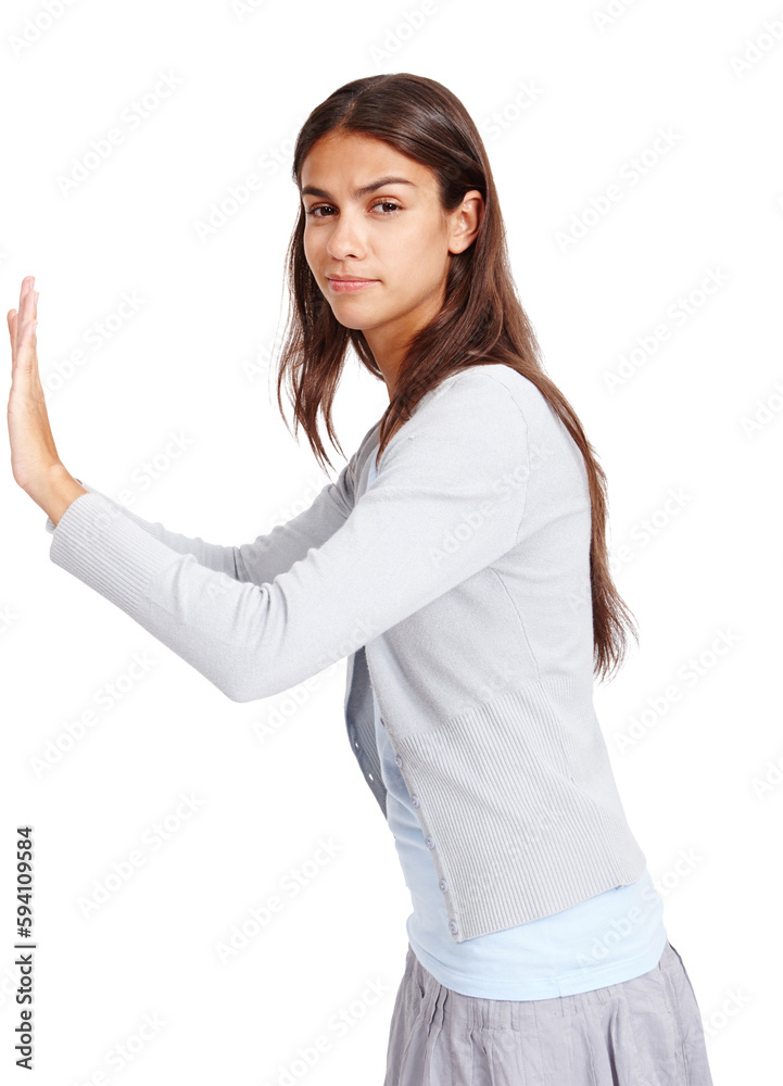 Woman, portrait and hands pushing wall for advertising space isolated on png, transparent background. Serious female model push or moving mockup for billboard announcement, promotion or presentation Woman, portrait and hands pushing wall for advertising space isolated on png, transparent background. Serious female model push or moving mockup for billboard announcement, promotion or presentation