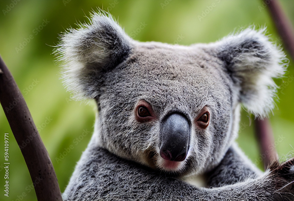 Fototapeta premium koala bear sitting on eucalyptus tree in Australia, generative AI