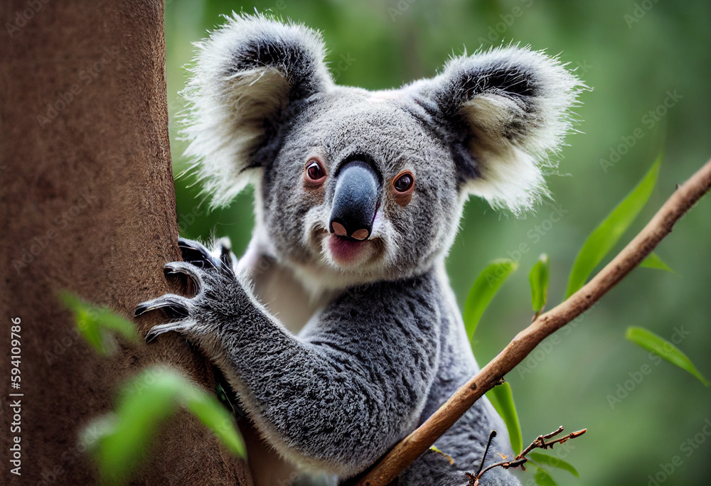 Fototapeta premium koala bear sitting on eucalyptus tree in Australia, generative AI