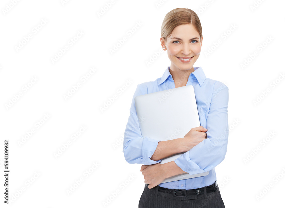 Laptop, happy and portrait of business woman with smile on isolated, transparent and png background. Technology, advertising and happy female with computer for website, social media and communication Laptop, happy and portrait of business woman with smile on isolated, transparent and png background. Technology, advertising and happy female with computer for website, social media and communication