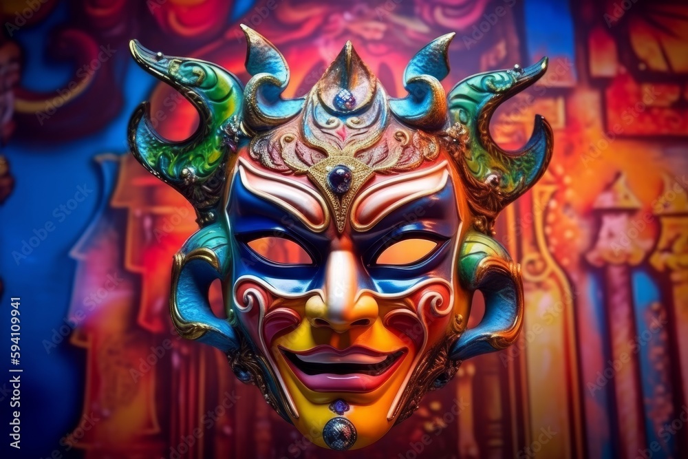 Colorful Demonic Venetian Mask on Evil Festive Background, Generative AI