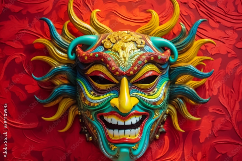 Colorful Demonic Venetian Mask on Evil Festive Background, Generative AI