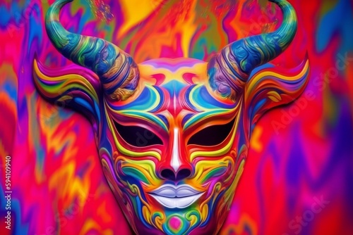 Colorful Demonic Venetian Mask on Evil Festive Background, Generative AI