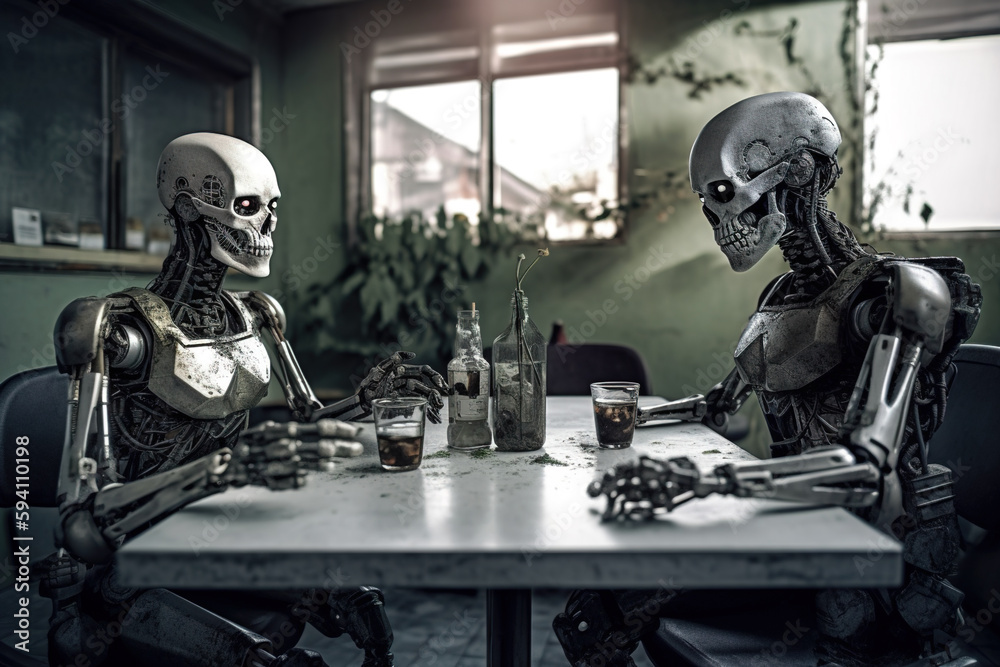 Robots talks sitting at table, humanoid AI androids in desolate cafe, generative AI.