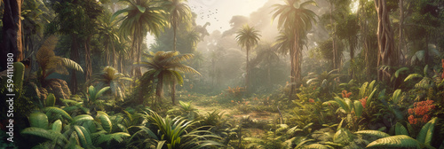 Panoramic view of dense jungle  wild forest with palm trees and tropical plants  generative AI