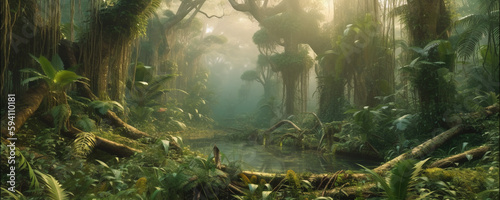 Panorama of dense jungle  wild forest with palm trees and tropical plants  generative AI.