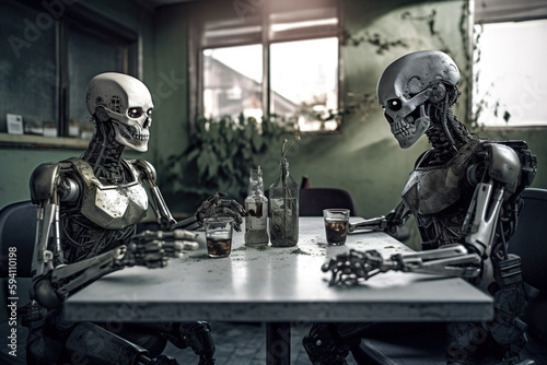 Robots talks sitting at table, humanoid AI androids in desolate cafe, generative AI. © karina_lo
