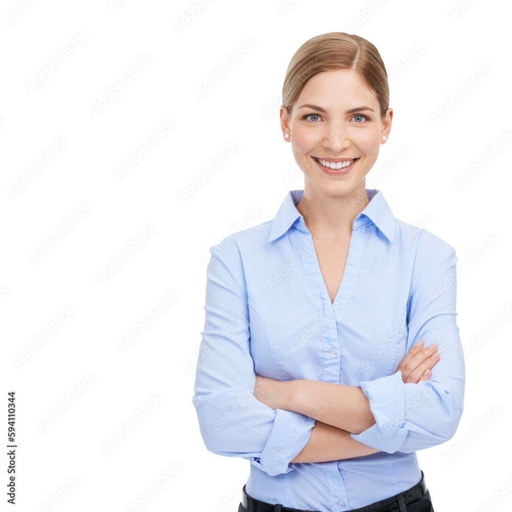 Portrait, happy and arms crossed with a business woman isolated on a transparent background. Vision, mindset or mission with a confident and attractive young professional employee standing on PNG Portrait, happy and arms crossed with a business woman isolated on a transparent background. Vision, mindset or mission with a confident and attractive young professional employee standing on PNG