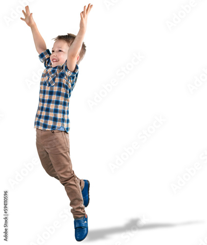 Children's fashion. Beautiful boy jumping photo