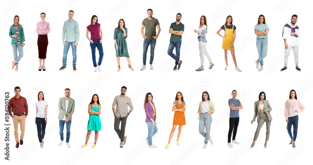 Collage with full length portraits of men and women on white background