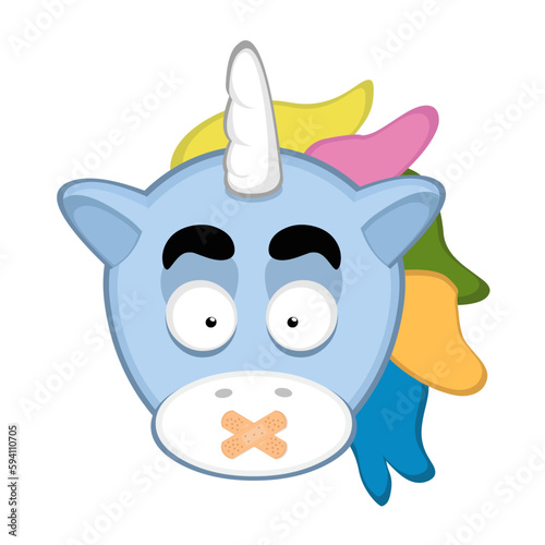 vector illustration face of a cartoon unicorn with adhesive bands in the mouth