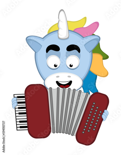 vector illustration face of a cartoon unicorn playing musical instrument accordion