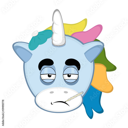 vector illustration cartoon character face of a sick unicorn cartoon, with a thermometer in his mouth and a bag of water on his head photo