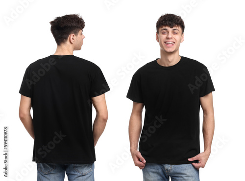 Collage with photos of man in black t-shirt on white background, back and front views. Mockup for design