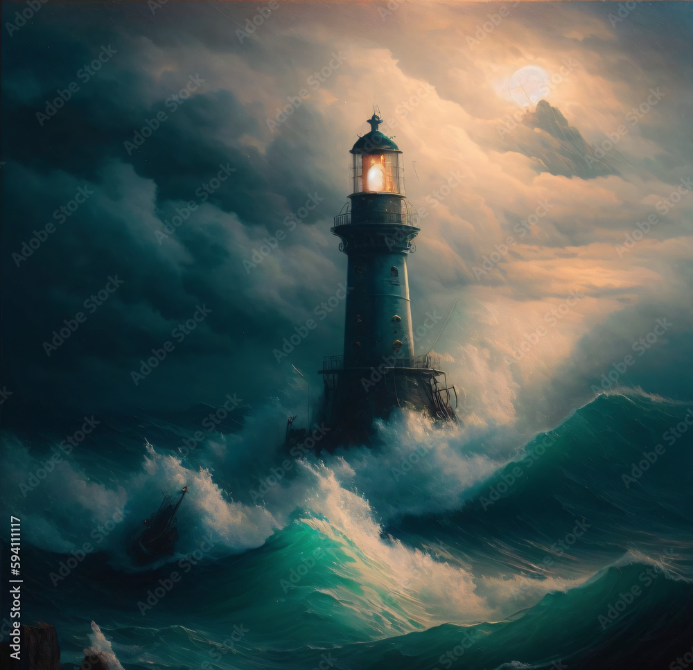 illustration of a lighthouse in the night surrounded by giant waves Generative Ai
