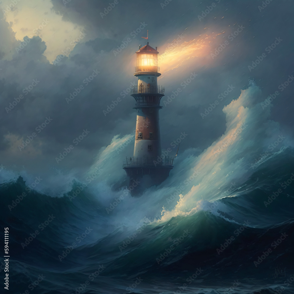 lighthouse in a sea storm being hit by waves Generative Ai