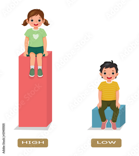 Opposite antonym word high and low  illustration of little girl and boy sitting on block
