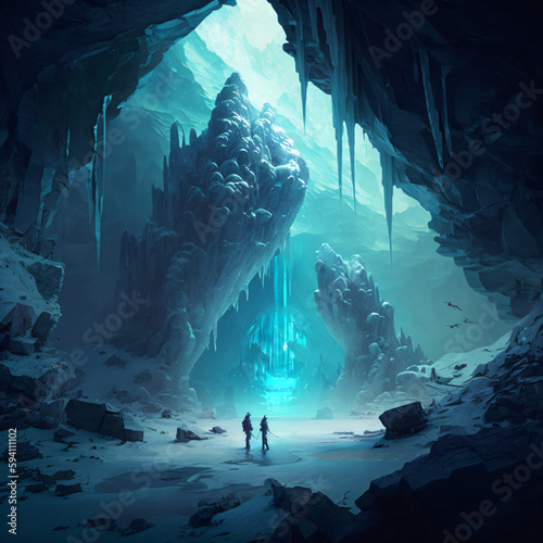 explorers inside a frozen cave concept art landscape illustration Generative Ai