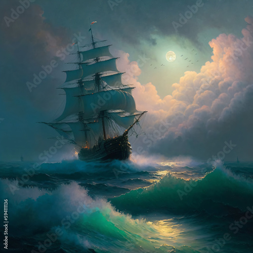 oil painting of a pirate ship on a stormy sea at dusk Generative Ai