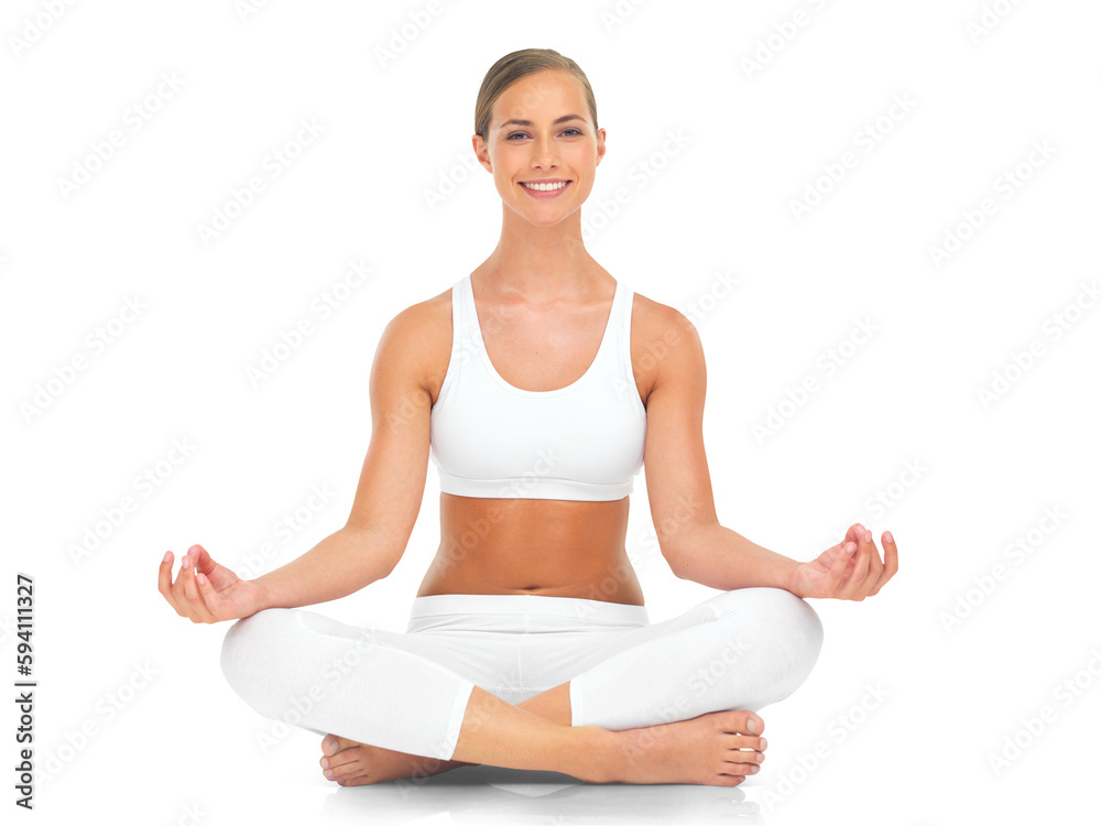 Lotus pose, portrait and happy woman on isolated, transparent and png background. Sports, meditation and face of lady with zen, peace and smile during fitness training, wellness or workout exercise
