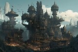 Tower Machines Rise Above Fantastical Steampunk City AI generative. Generative AI