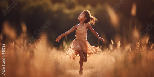 Graceful young girl in motion dancing in a field of flowers in the summertime wearing a flowing dress Generative AI © meredith blaché 
