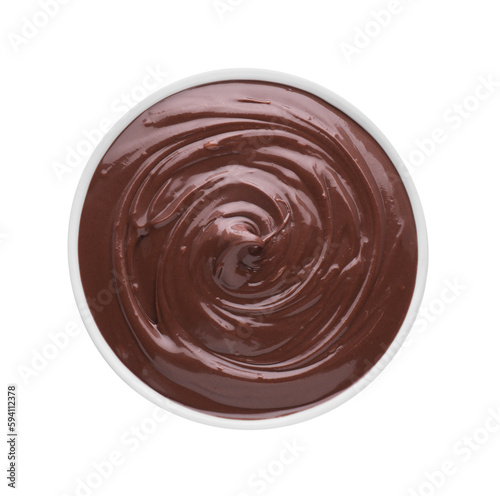 Bowl of delicious chocolate paste isolated on white, top view