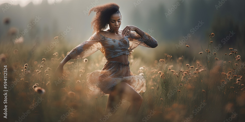 graceful young woman in motion dancing in a field of flowers in the summertime wearing a long flowing dress - Generative AI 