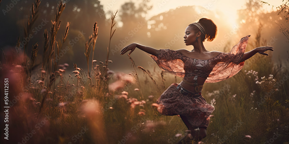 graceful young woman in motion dancing in a field of flowers in the summertime wearing a long flowing dress - Generative AI 