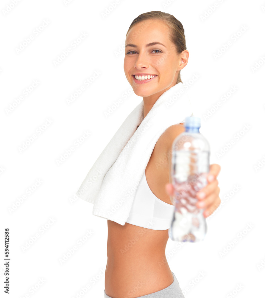 Portrait, exercise and woman with a water bottle, training and confident with girl against transparent background. Face, female athlete and model with liquid, png and wellness for workout and fitness Portrait, exercise and woman with a water bottle, training and confident with girl against transparent background. Face, female athlete and model with liquid, png and wellness for workout and fitness