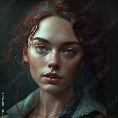 thin red hair girl with green eyes isolated on a black background Generative Ai