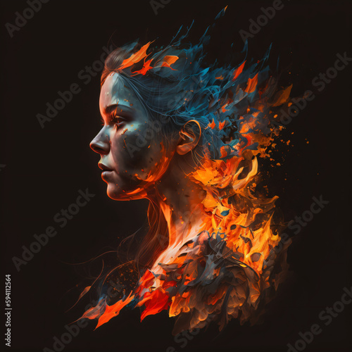 double exposure of a woman's head and fire Generative Ai
