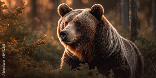 close up of grizzly bear in early morning back-lighting - generative AI 
