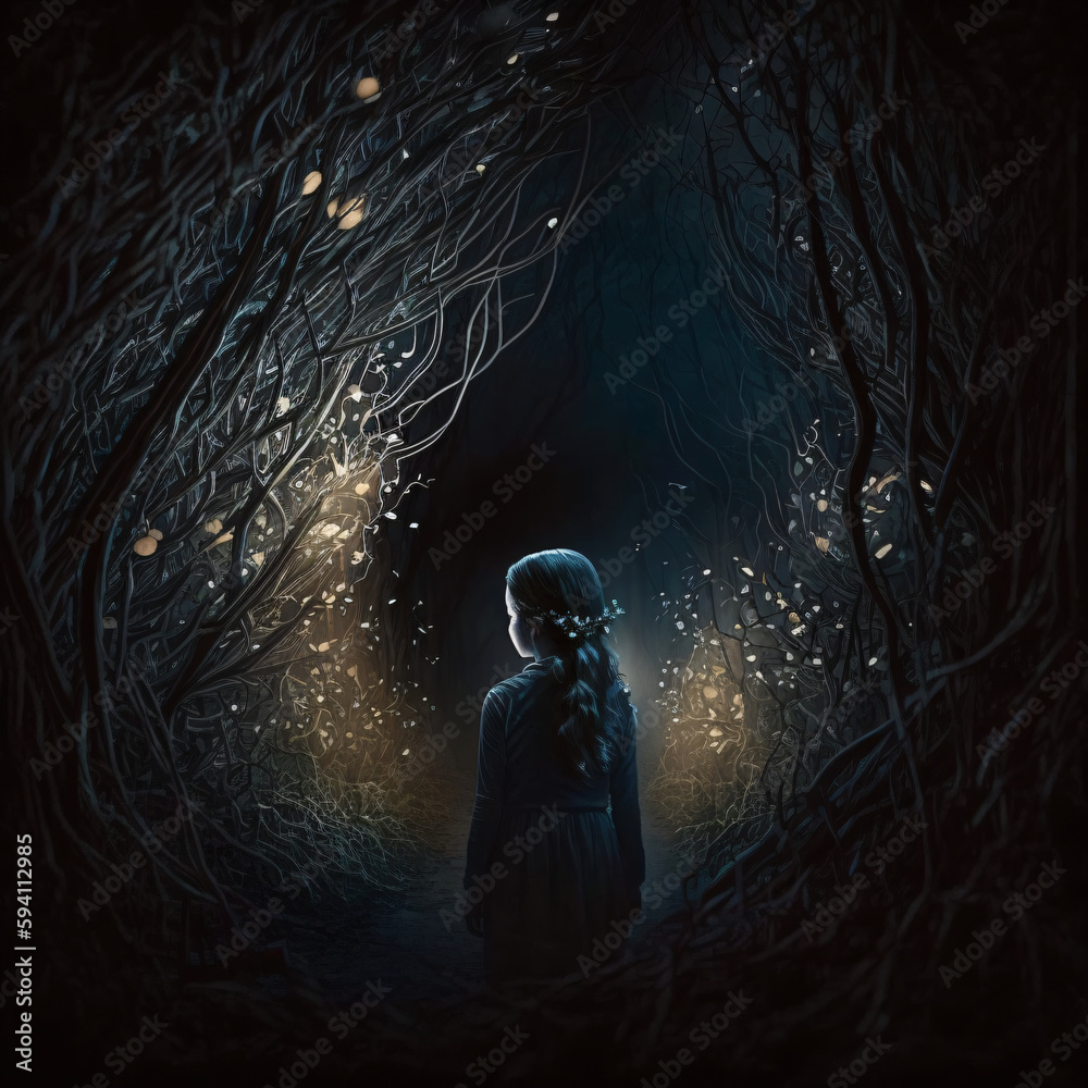 illustration of a little girl lost in a dark forest in the night ...